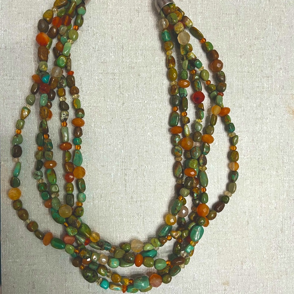Jay King Dtr 5 strand necklace Green Teal Yellow Brown Clear Rust color